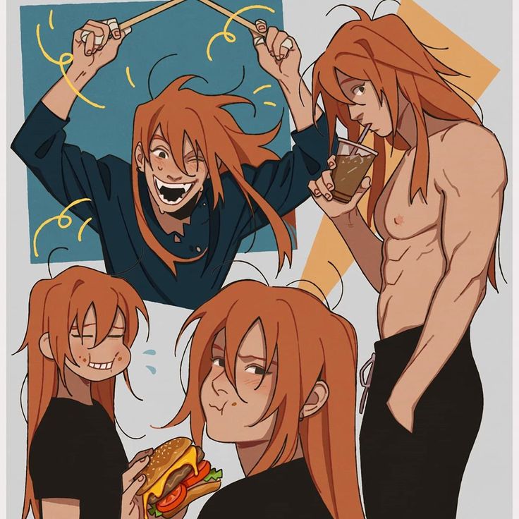 this digital illustration depicts a young anime character with long, wavy red hair. the character appears to be male. there are four separate images of the character in different poses. in the first image, the character is wearing a dark blue shirt and appears to be swinging chopsticks in the air. the second image shows the character shirtless with an abs visible. he's drinking from a cup and his hair is covering part of the chest. in the third image, the character is wearing a black tshirt and smiling, looking at the viewer. he's holding a burger with a bite taken out of it. the fourth image shows the character's face with the same black tshirt on, but with a serious expression. he's looking to the left side of the image. the images are set against a background of yellow and orange. the overall style of the illustration is whimsical and playful.