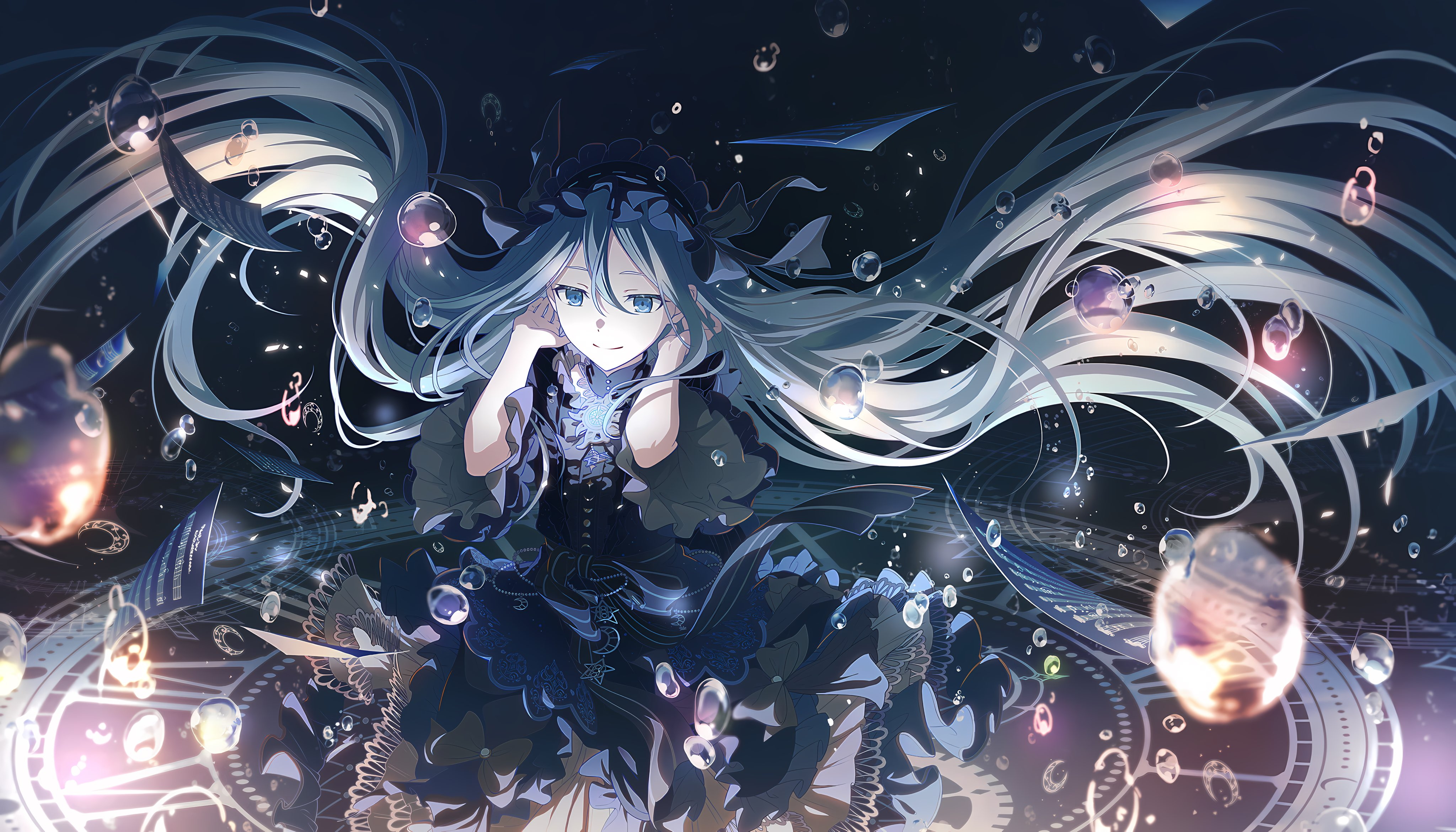 a digital artwork featuring a whimsical anime girl with long, flowing blue hair. she is wearing a gothicstyle dress and appears to be surrounded by bubbles, floating music sheets, and clock elements. the background is dark and features intricate designs, adding to the overall fantasy atmosphere. the girl has fair skin and is looking directly at the viewer with a slight smile.