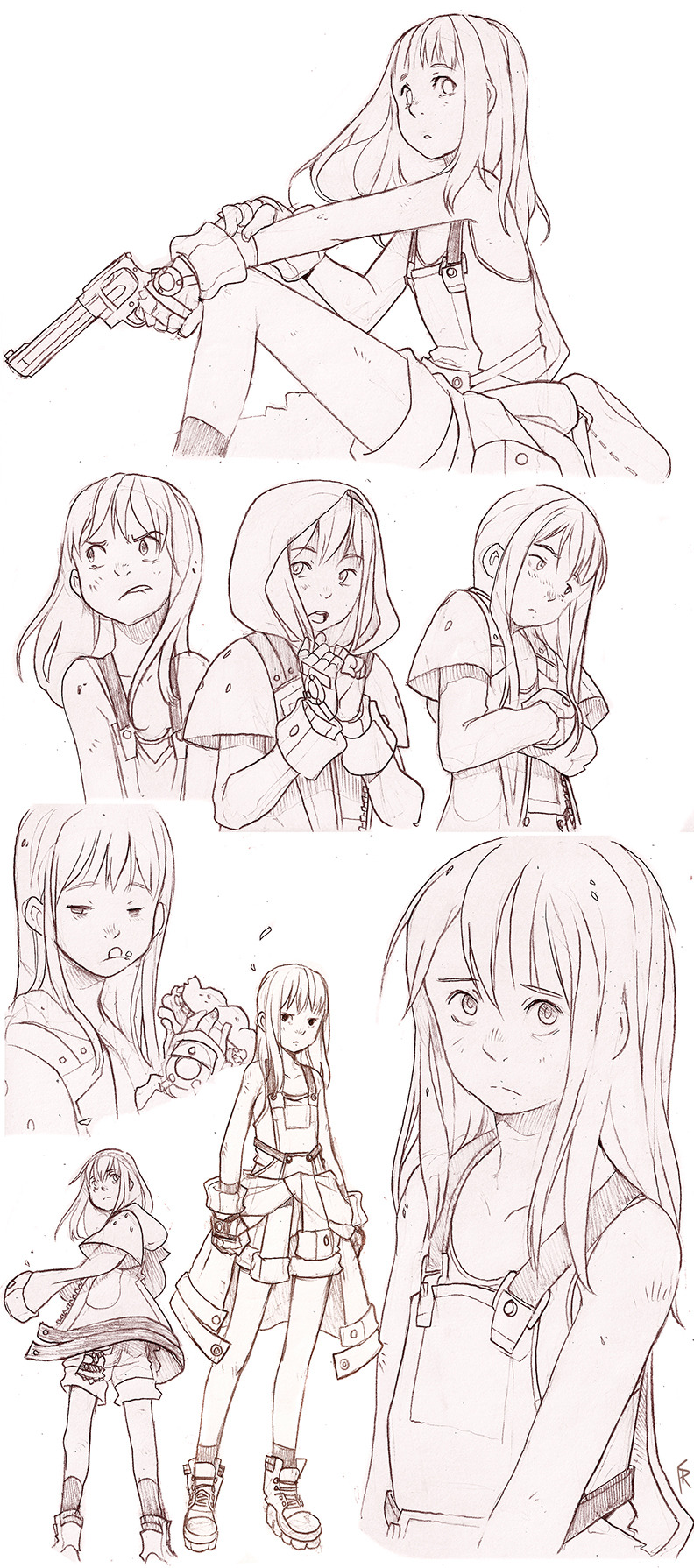 the image consists of several pencil sketches of a young girl, possibly a character design for a game or animation. she is depicted in various poses and outfits, all with a slightly dystopian or postapocalyptic feel.  she appears determined and resourceful. the sketches focus on her facial expressions and clothing details.