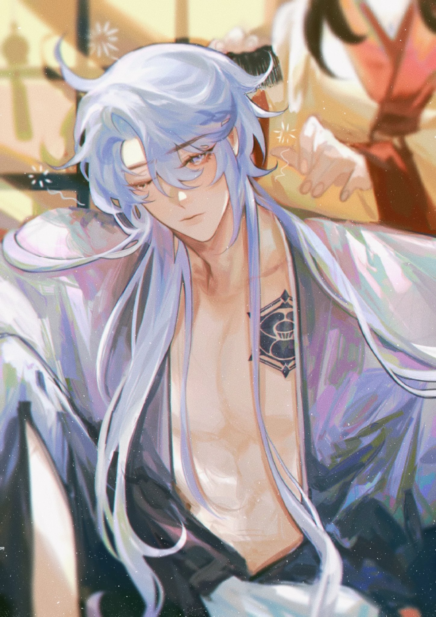 the image is a digital painting or illustration of a young animestyle male character. he has long, flowing lavenderwhite hair, and is wearing a loosefitting, light purple robe that resembles a kimono. his chest is partially exposed, and he has a small, delicate tattoo of a flower or similar design on his chest. the character has a calm and serene expression on his face. another person, mostly obscured, is visible in the background, seemingly combing or adjusting his hair. the overall style is soft, ethereal, and dreamy, with pastel colors and a focus on delicate lines and textures.