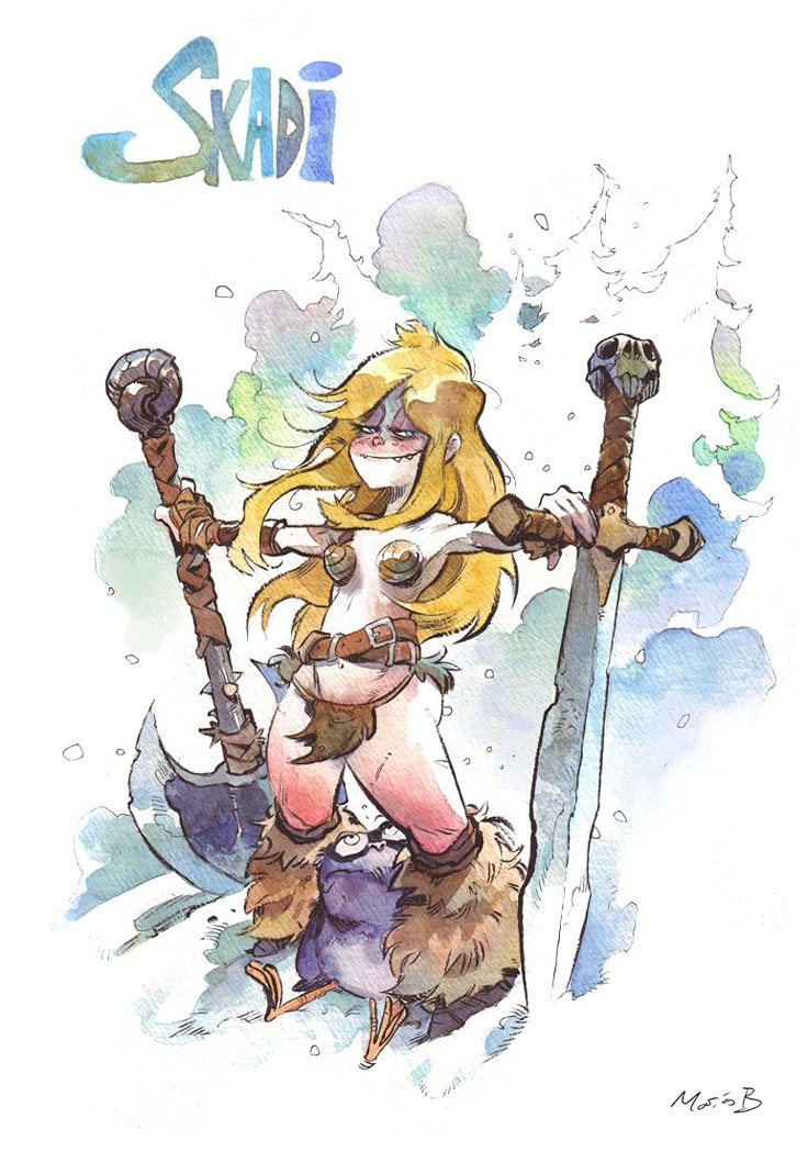 a watercolor illustration depicts skadi, a huntress from norse mythology, standing in a snowy landscape. she has blonde hair and a cartoonlike face. she is holding a sword in one hand and an axe in the other. a small birdlike creature stands near her feet. the name "skadi" is written in watercolor at the top of the image, and a signature is visible in the bottom right corner. the image has a fantasy art style and a winter theme.