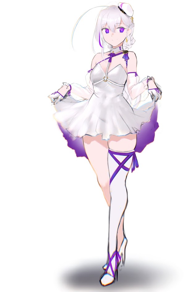 this is an illustration of an anime girl with white hair and purple eyes wearing a white dress with purple accents. she is wearing white shoes with purple straps. she is standing with her head tilted slightly to the side and her eyes looking at the viewer. the background is white.