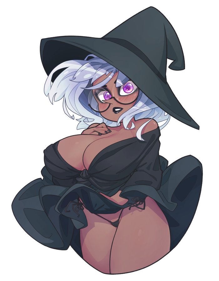 a cartoon image of a witch with purple eyes, white hair, and black clothes. she is wearing a black witch's hat and