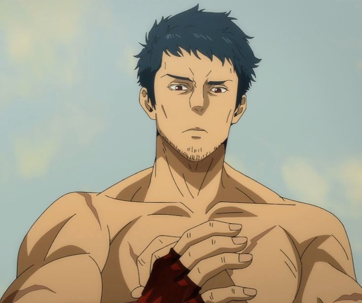 a closeup depiction of a muscular anime man with short dark hair and facial stubble. he is shirtless, showcasing his physique, and has red hand wraps on. his expression is serious and focused, gazing directly at the viewer. the background is a bright, hazy sky, suggesting an outdoor setting.