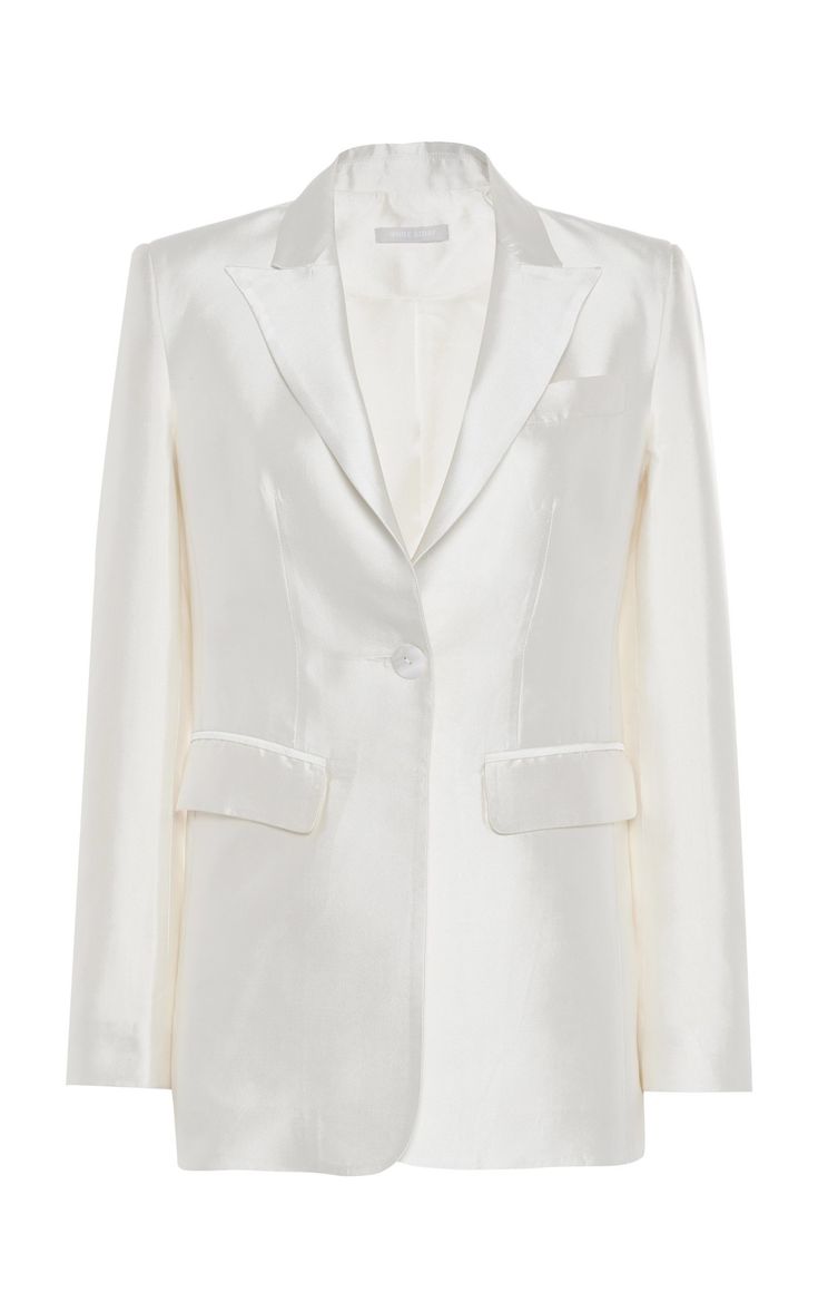 a white satin blazer with a classic cut and long sleeves. the blazer features a lapel collar, button closure, and pockets. it is an elegant and formal piece of clothing that can be dressed up or down.