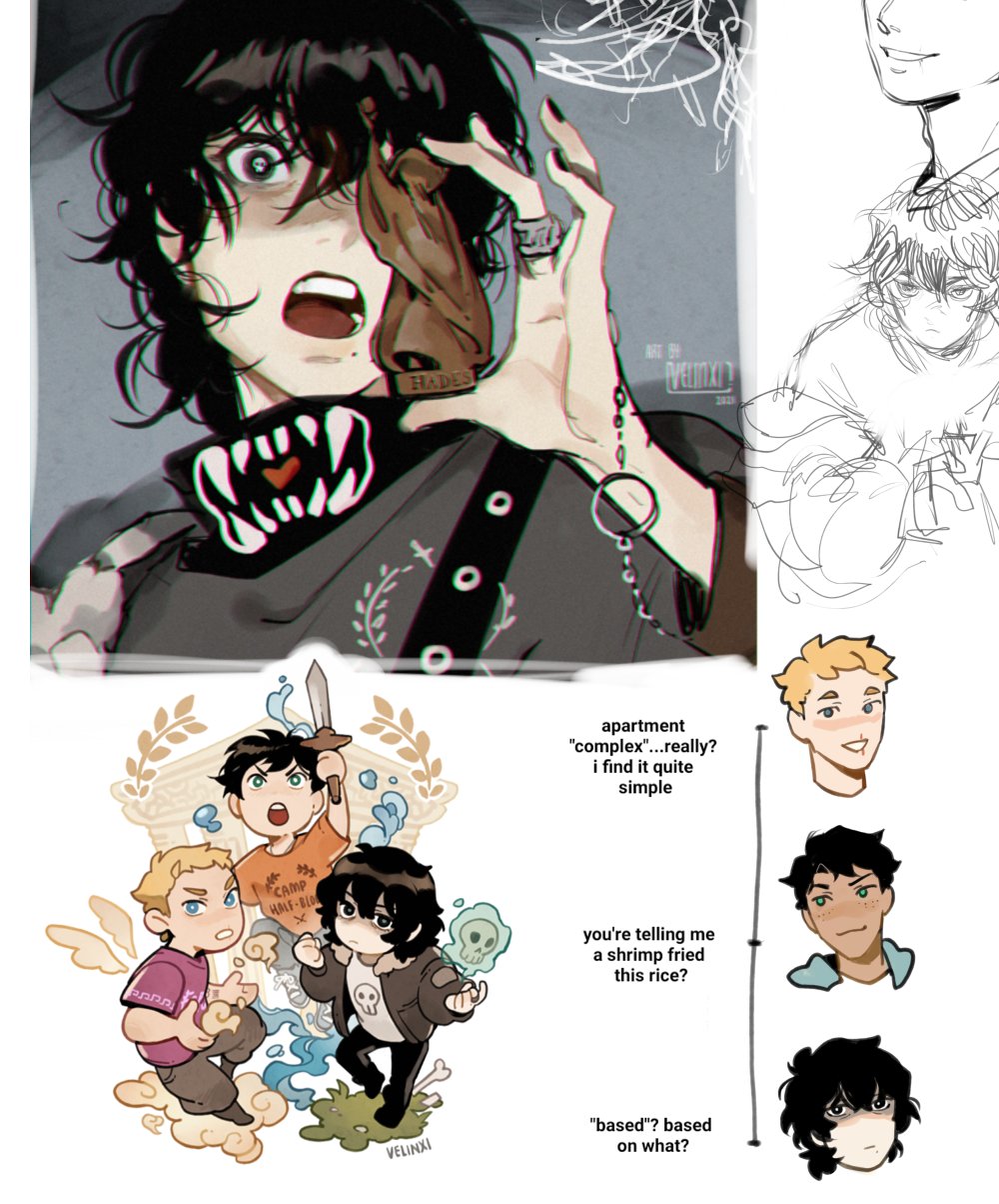 the image features various animestyle illustrations related to the percy jackson series. there's a more detailed drawing of nico di angelo holding a small statue of hades and wearing edgy fashion. below, there are chibi versions of nico di angelo, will solace, and percy jackson depicted in a cute style. to the right, there are other character sketches along with accompanying text bubbles containing humorous dialogues and meme references.
