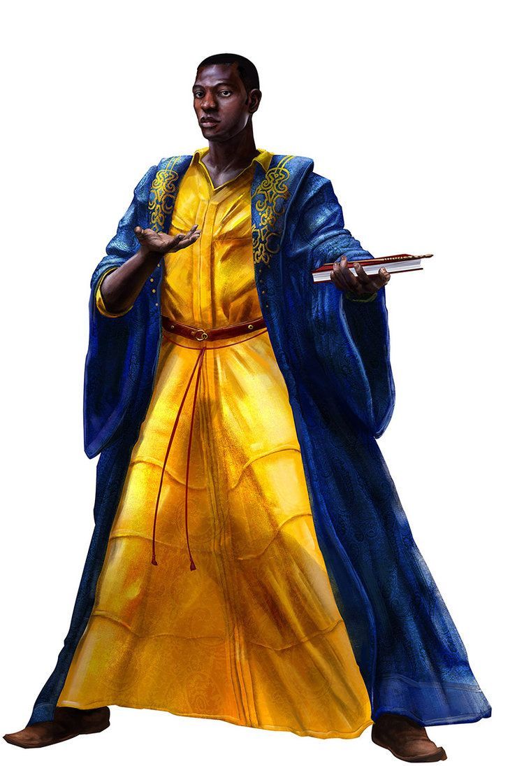 the image is a digital painting of a fantasy character, a darkskinned man dressed in a long, flowing blue robe over a golden yellow gown. he appears to be a wizard or scholar, holding a book or scroll.  his expression is serious and thoughtful.  the clothing is detailed and ornate, featuring gold embroidery on the robe. the background is plain white, isolating the figure and emphasizing the clothing and expression. the style suggests a fantasy setting, perhaps for a game or book illustration.