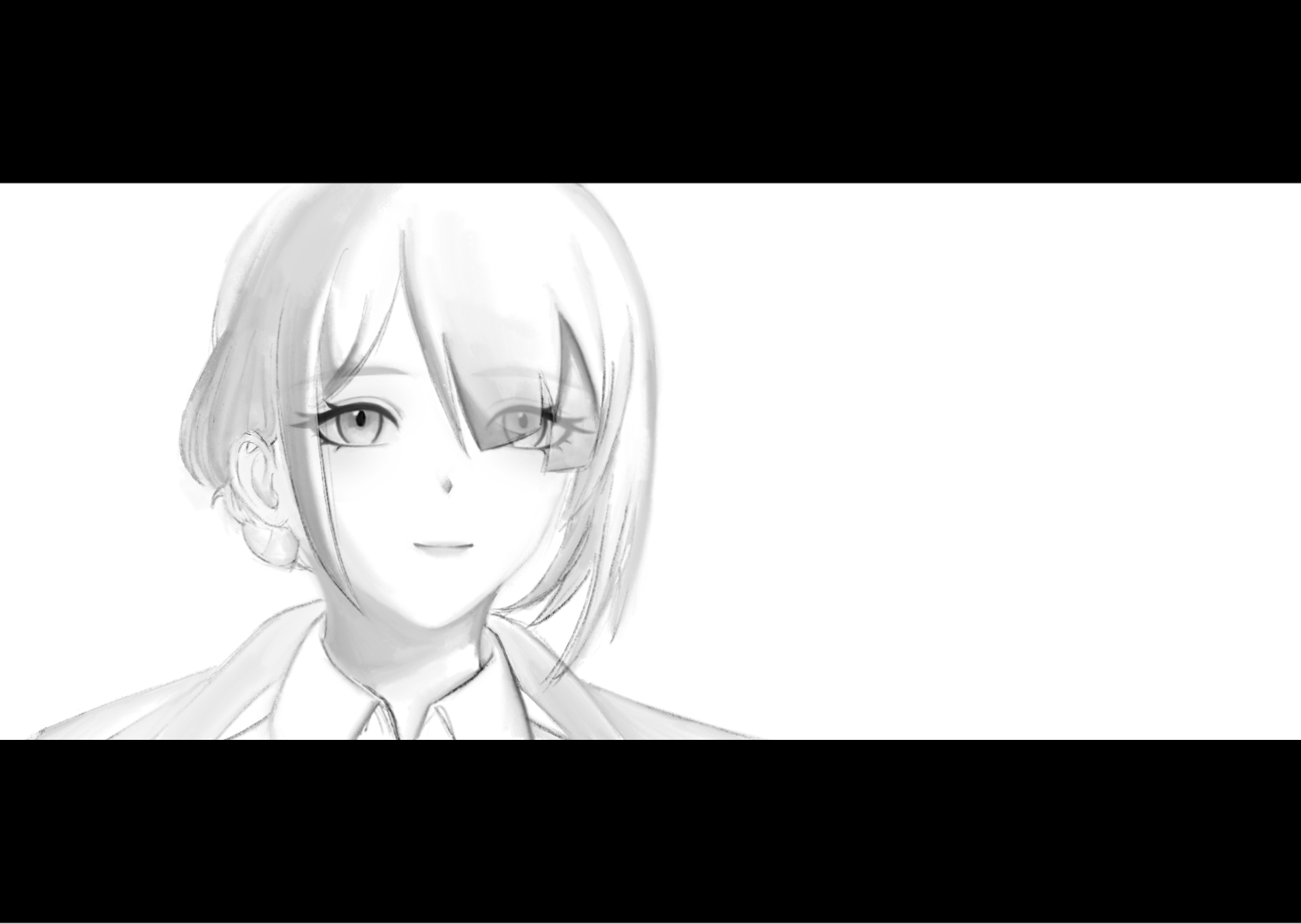 the image is a grayscale digital drawing or illustration of a young woman, possibly an anime or manga style character. she has shoulderlength bobbed hair with side bangs, partially obscuring one eye. she's wearing a collared jacket or suit and has small earrings. her expression is serene and calm, with a subtle smile. the overall style is elegant and sophisticated, with a slightly mysterious air due to the partially hidden eye.  the background is plain white, drawing focus solely to the character. the art is highly detailed, showing subtle shading and textures in her hair and clothing.