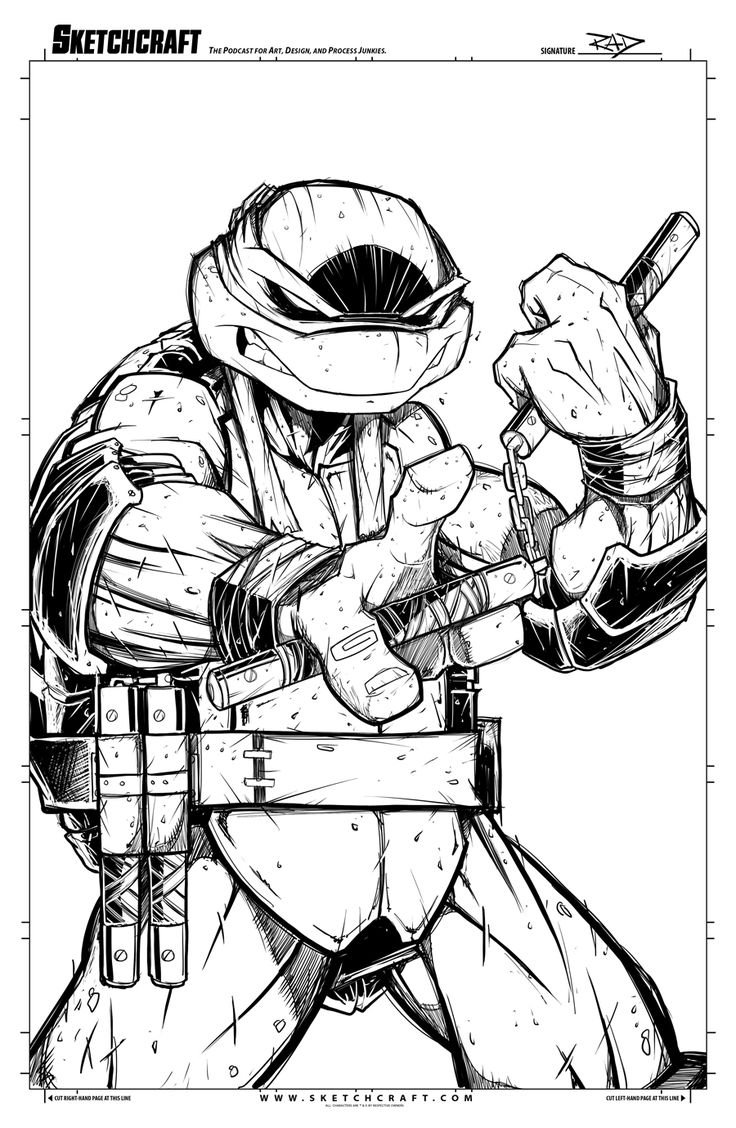 a black and white sketch of a ninja turtle wielding two sais, in a fighting stance, with his weapons on his side.