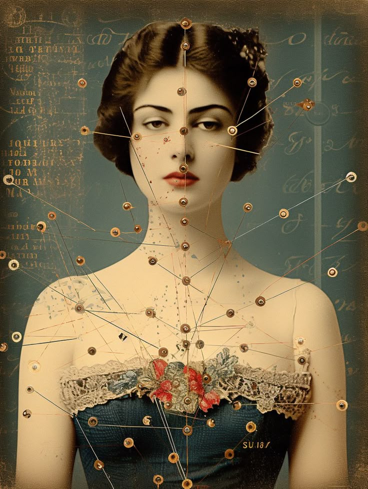 the image is a vintagestyle portrait of a woman, with a stylized and artistic treatment. the woman has dark hair styled in an updo, fair skin, and is wearing a dark blue dress with floral embellishments and lace trim. the artwork is enhanced by the addition of a complex network of pins and wires, creating an abstract geometric design over her face and body. the background features decorative script and a grunge effect, adding to the vintage aesthetic of the piece.
