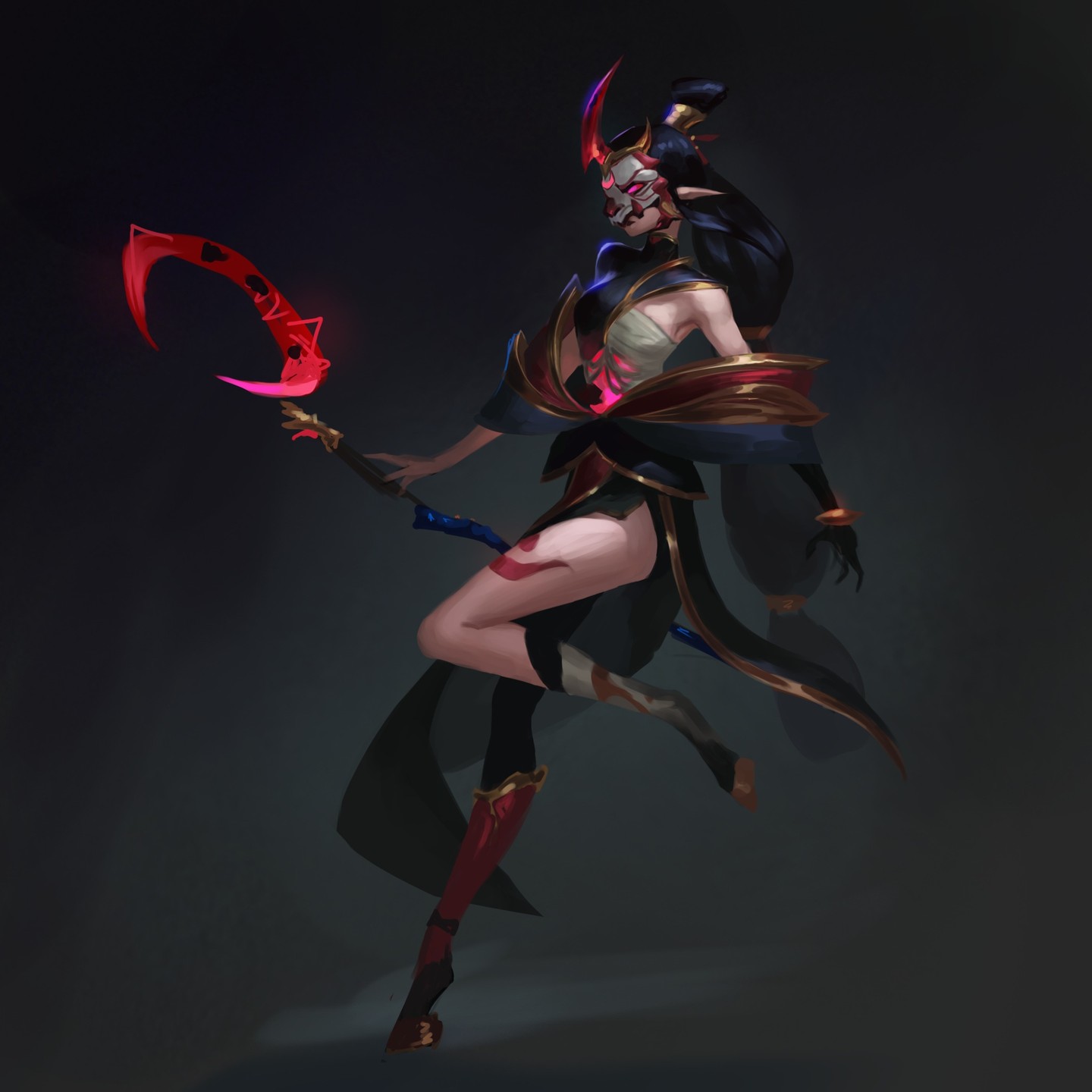 the image is a digital painting of a female character in a fantasy setting. she is depicted in a dynamic pose, her body slightly tilted and her legs slightly spread. her attire appears to be a dark kimonolike garment with red and gold accents. she wears an oni mask that is partially illuminated from within, and has long black hair.  she holds a crescent moonshaped staff that has a blue shaft. the background is dark and mysterious, making the character stand out. the style of the artwork is evocative of anime and fantasy art, with intricate details in the clothing and character's design. the overall mood is dark, mysterious and elegant.