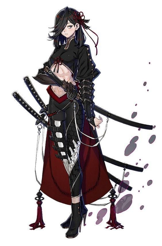 a female character in a stylized samuraiinspired outfit stands poised with multiple katanas. she has black hair with a red ornament, a black and red crop top, and armor plating on her arms and legs. her long, flowing black and white skirt adds a sense of dynamism to her pose.  the background is a clean white, putting all the focus on the character.