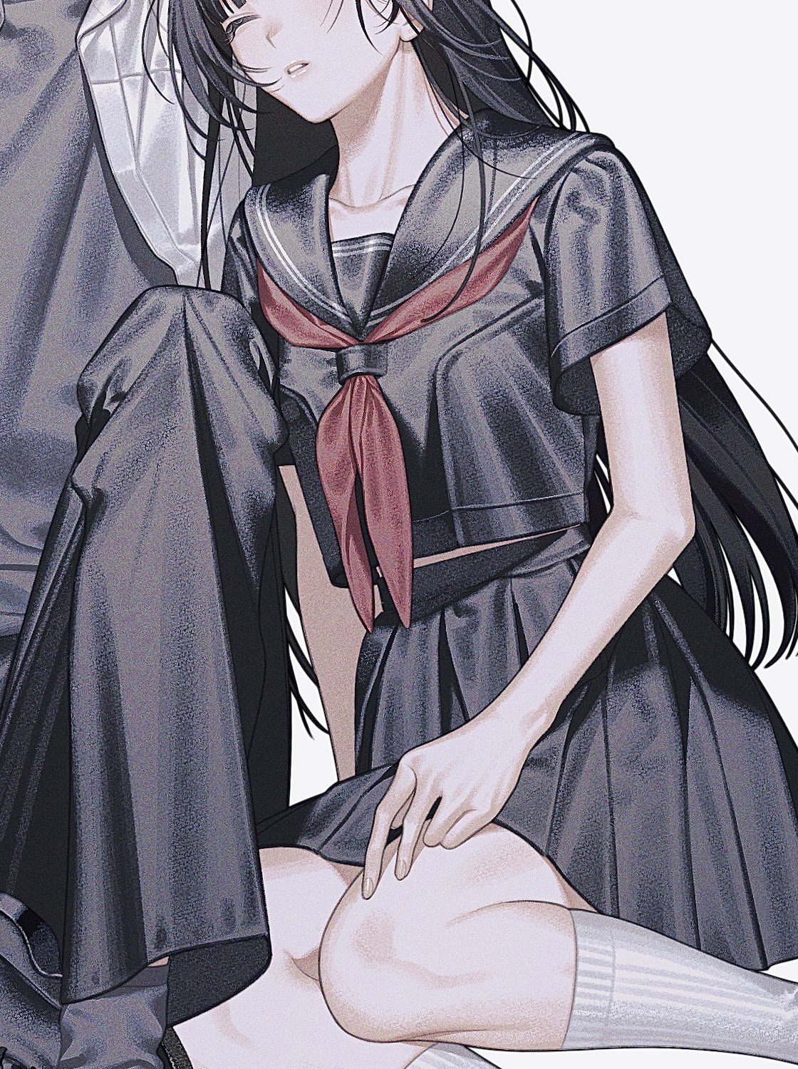 the image is a digital drawing or painting in a style reminiscent of anime or manhwa. it depicts a young woman, likely a schoolgirl, in a darkcolored sailor uniform.  her uniform includes a black jacket with red trim and a pleated skirt. she's wearing white kneehigh socks. she's sitting close to what appears to be a man's figure.  the art style is soft, with muted grey and bluish tones, giving a somewhat romantic and melancholic atmosphere.  the focus is on the girl, with her expression suggesting a calm or perhaps pensive mood. the overall aesthetic is sleek and sophisticated.
