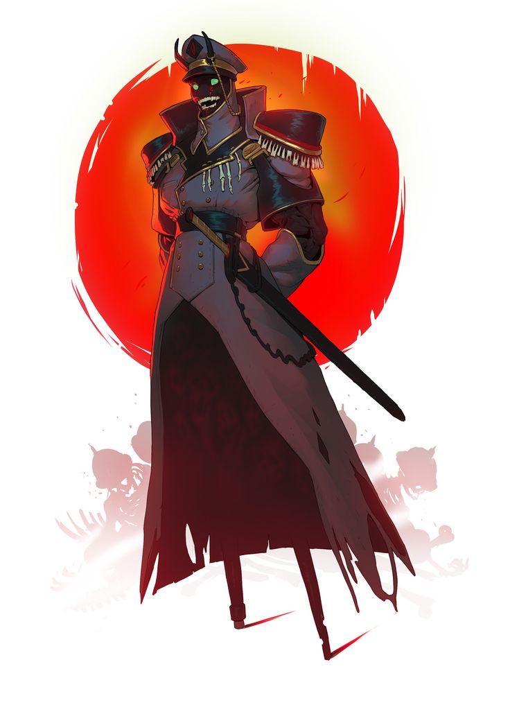 a digital illustration of a soldier, dressed in a dark military uniform, standing in front of a large red sun. they are holding a sword in one hand and their expression is stern. there are silhouettes of smaller figures in the background. the artwork suggests a powerful, menacing soldier, possibly in a wartime scenario or a fantasy world. the use of red and shadow adds to the overall dark and imposing atmosphere.