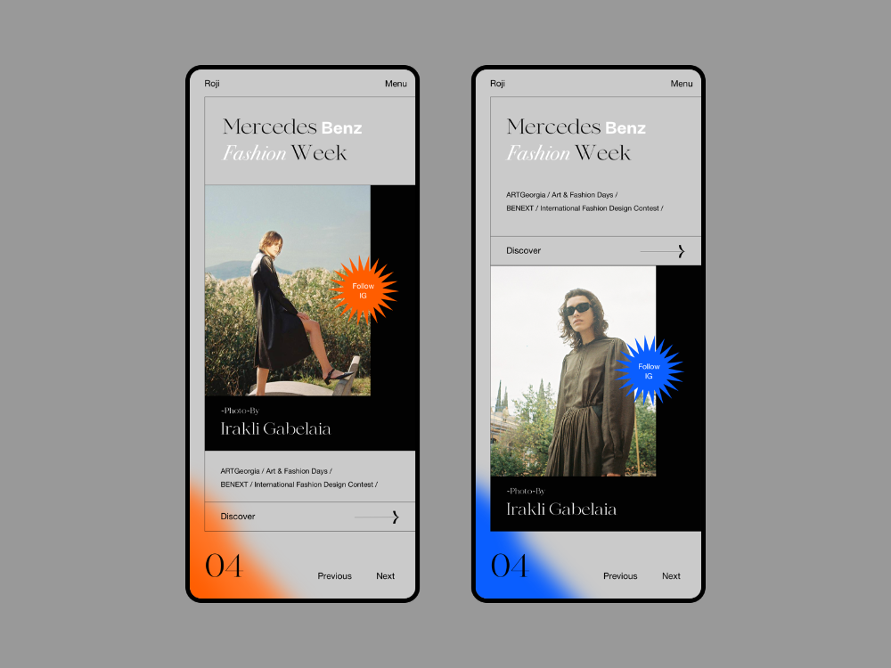 the image showcases two promotional posters for mercedes benz fashion week in georgia, featuring the photographer irakli gabelaia and the designer benext. both posters prominently feature the text "mercedes benz fashion week" at the top and "discover" beneath the model. the posters display a photo of a model posing and a call to action "follow ig" along with the photographer's name and event details.  the number 04 is displayed on both posters, with buttons for "previous" and "next" indicating a larger sequence of these posters. the color scheme is monochromatic with black text and a gradient background, reflecting the theme of fashion.
