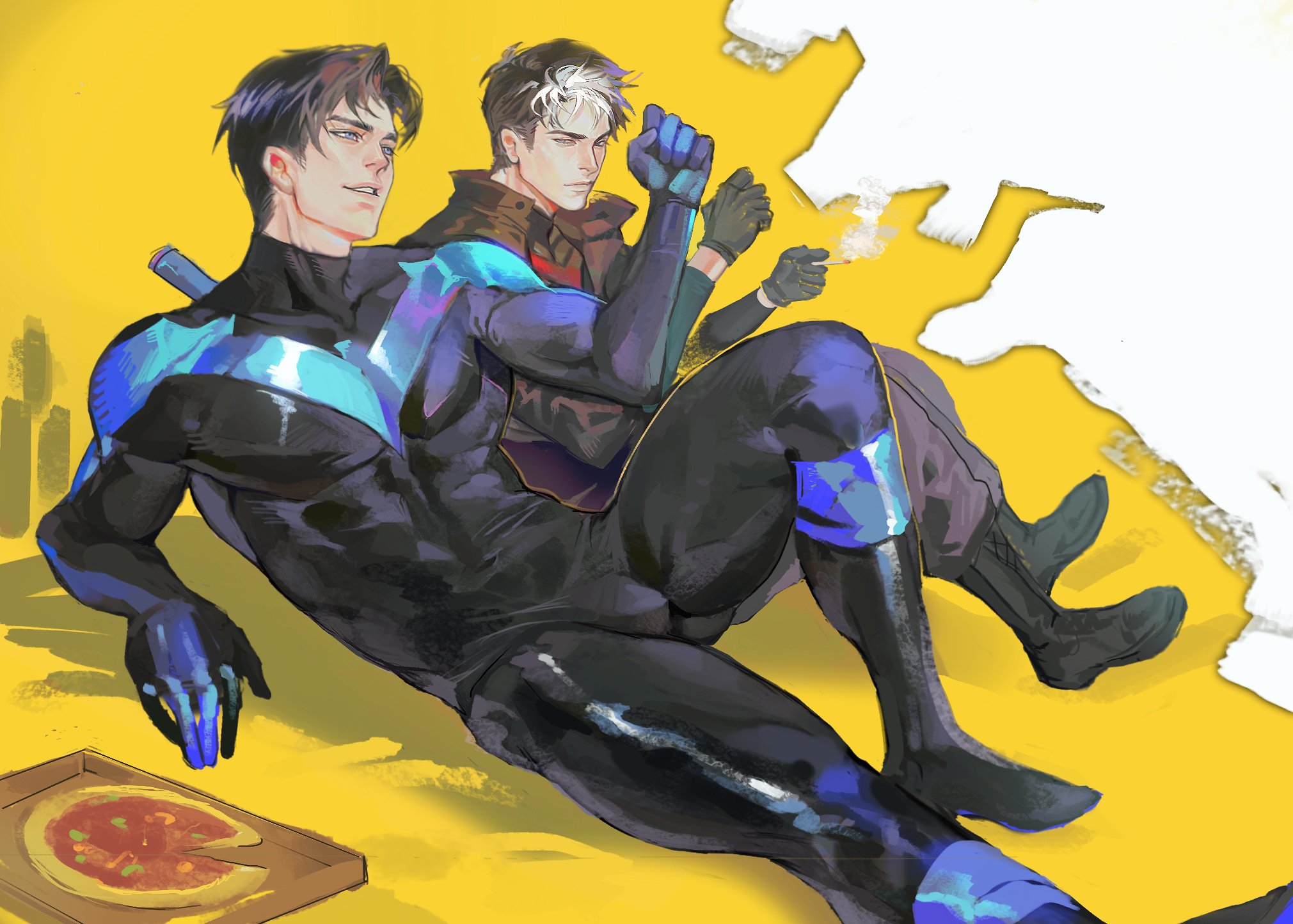 nightwing and robin are laying on a yellow background.  they are both in their superhero costumes. nightwing is on top of robin, and both are leaning towards a pizza box with a slice of pizza in it. robin is holding a lit cigarette.  the background is bright yellow and there is a white cloud in the upper right corner.