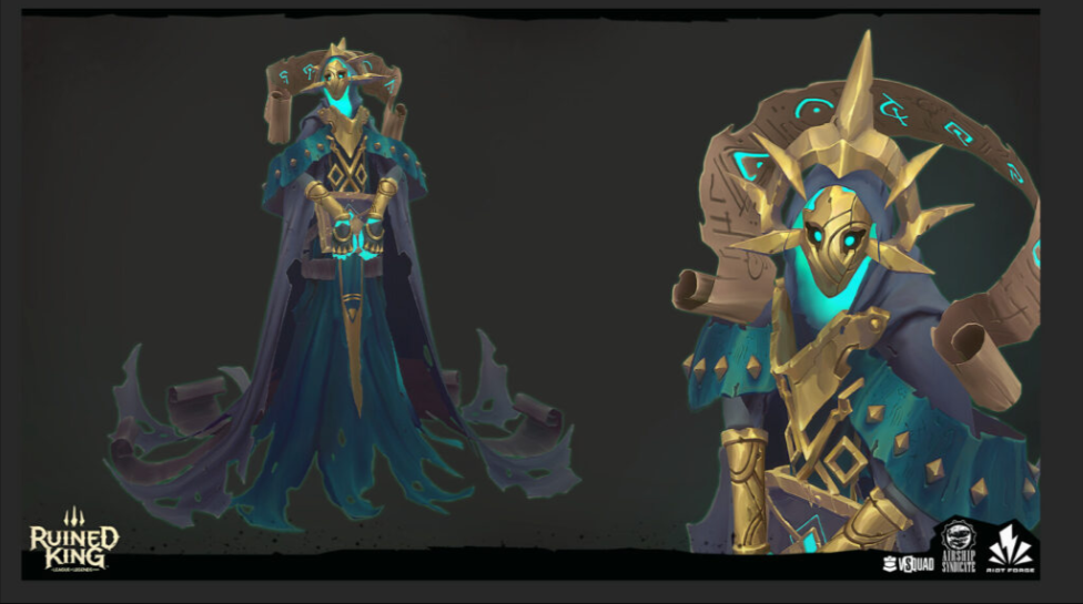 the image presents concept art for a character from the video game ruined king: a league of legends story, developed by airship syndicate and published by riot forge.  the artwork shows a fullbody view and a closer, angled view of a character, possibly a priest or necromancer.  the character is clad in a long, flowing teal robe adorned with gold accents and intricate detailing.  they wear a distinctive mask that incorporates both gold and teal elements and a headpiece that resembles scrolls or ancient texts.  the character carries a long sword. the style is distinctly fantasy, blending ancient and mystical elements. the artwork displays high quality and polish, showing the character in considerable detail. the ruined king logo is subtly placed in the bottom left.