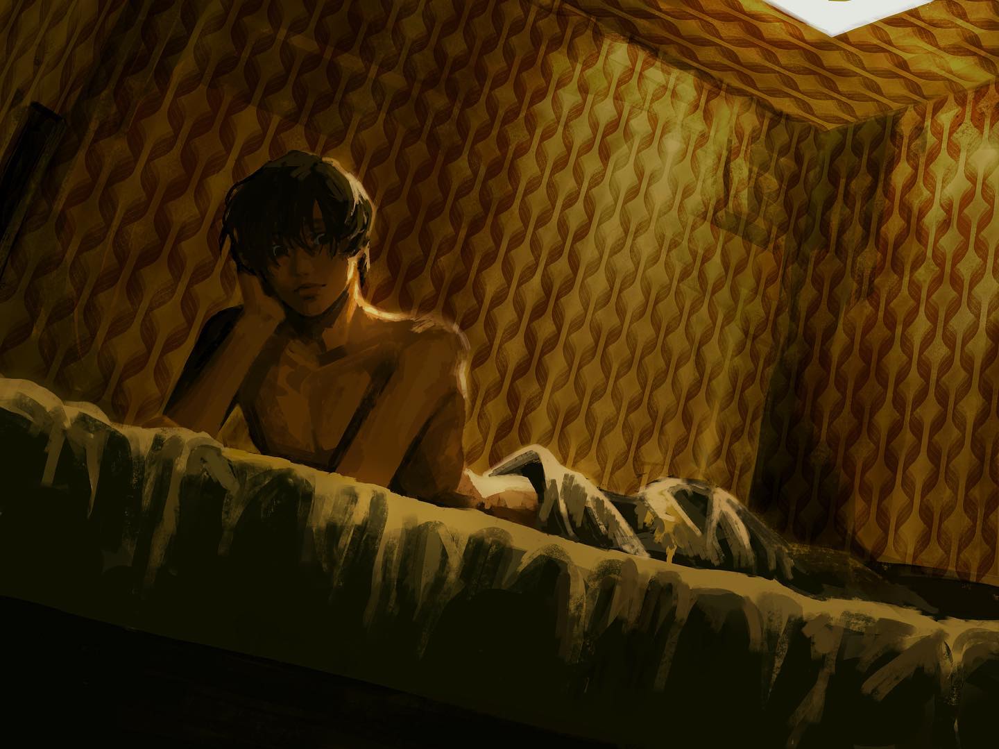 a man lies in bed, his back turned to the viewer. the room is dark, with only a faint light coming from the window. the man is alone in the bed, and he looks sad and tired. there is a large, patterned wallpaper on the wall behind the bed. the image creates a feeling of loneliness and sadness.