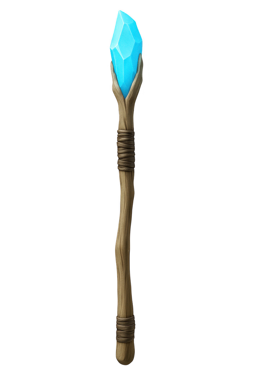 a digital painting of a wooden staff with a large, blue crystal at the top. the staff has a natural, organic look, and is wrapped with twine at the top and bottom. the crystal is multifaceted and glows with an inner light. the background is black.