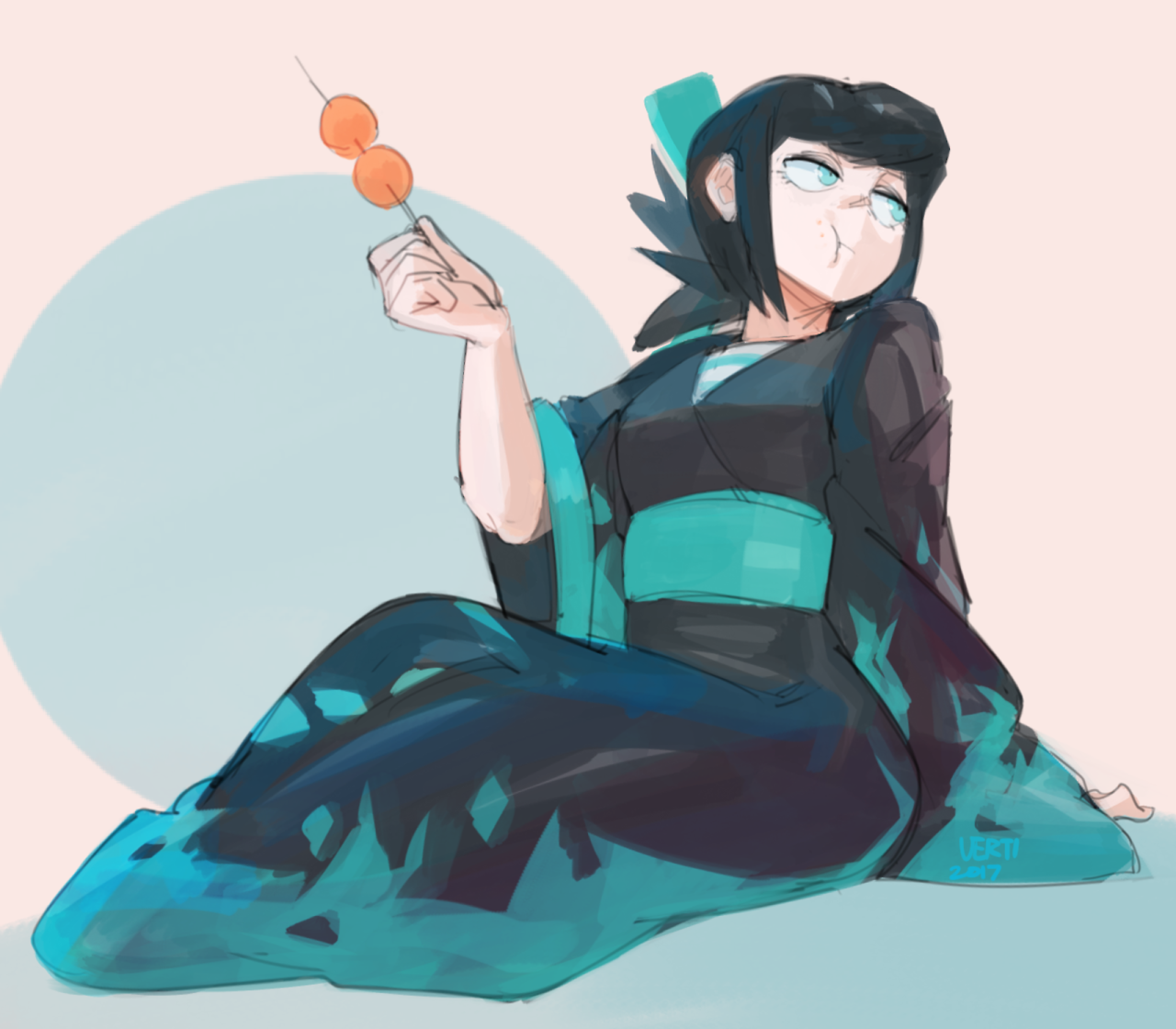 an anime girl with black hair, wearing a blue kimono, is sitting down and holding a skewer with two orange snacks on it. she looks relaxed and comfortable. the girl has her back to the camera and is looking to the side. there is a light blue circle in the background.