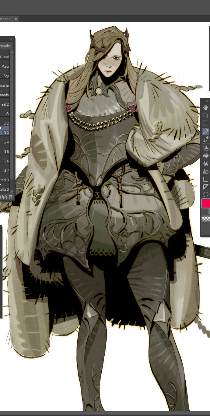 the image is a digital painting or illustration of a female fantasy character. she is depicted from the knees up, wearing elaborate, ornate armor underneath a large, furry cloak. the armor has detailed designs and appears to be metallic gray or silver.  her hair is long and light brown. she has a serious expression. the style is reminiscent of fantasy illustration or concept art, with a slightly muted color palette.  the image includes a visible adobe photoshop interface panel in the upper left, showing layers and other editing options, indicating it is a work in progress or a digital painting. the overall style leans towards a more painterly and less strictly defined aesthetic; the brushstrokes are somewhat visible.
