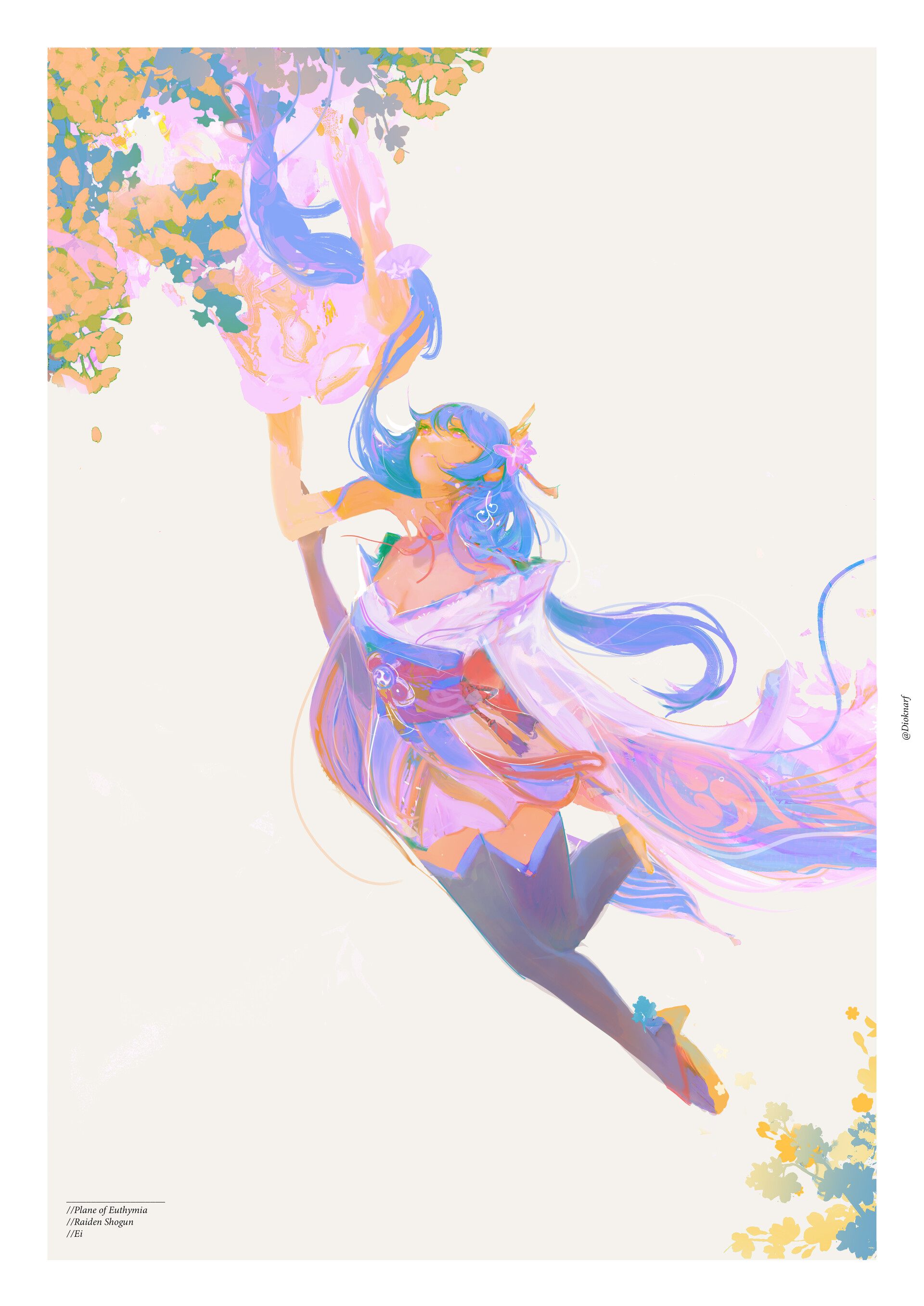 a woman with long blue hair, adorned with flowers, hangs from the branches of a blossoming tree. her attire is a flowing white robe with pink accents. the image uses a soft pastel palette and an upward perspective, creating an ethereal and magical atmosphere.