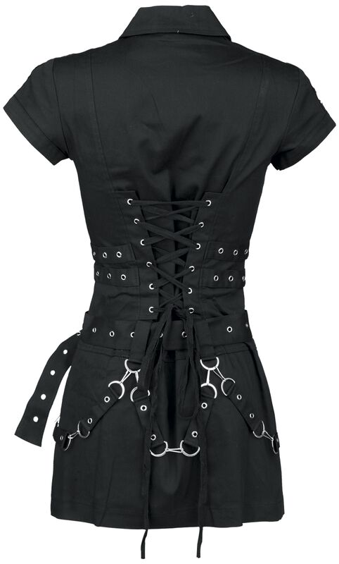 a black shortsleeved dress with a corsetstyle top and straps. the dress has a black laceup back, silver buckles, and a chain detail. the dress is tightfitting and has a formfitting silhouette.