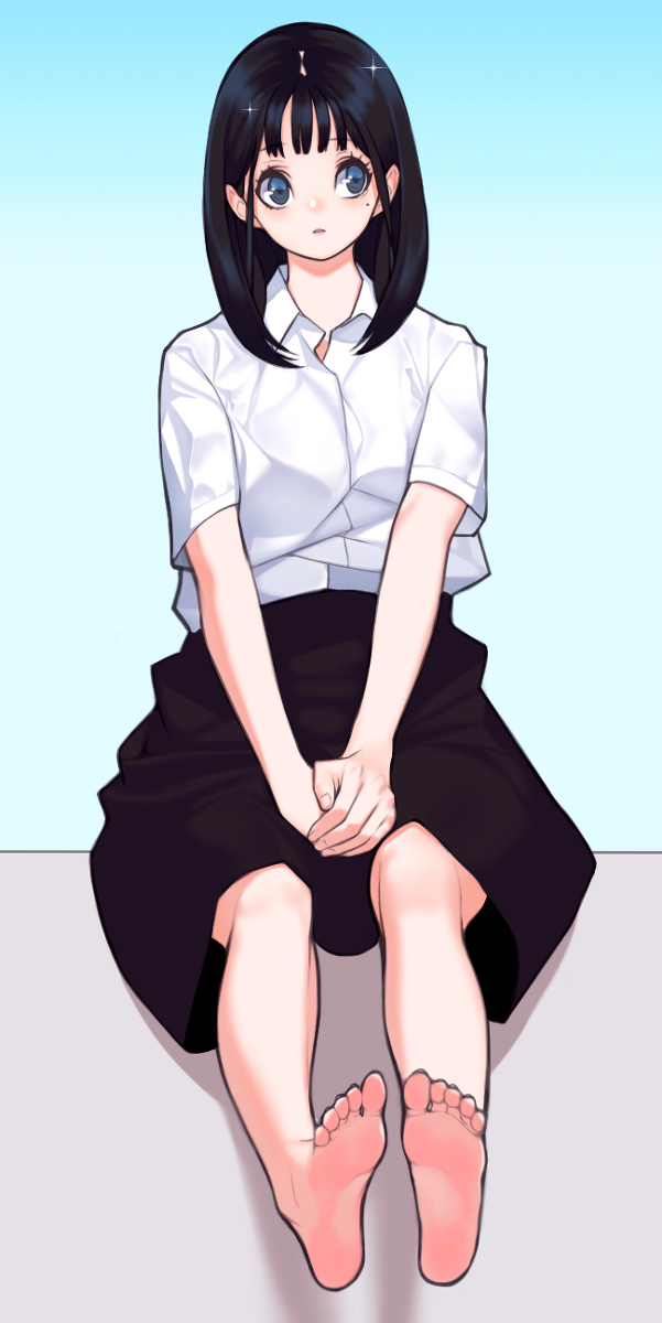 the image features an anime girl with black hair and blue eyes, dressed in a white shortsleeved blouse and a black skirt, characteristic of a school uniform. she is seated with her legs together, feet bare, and hands clasped in her lap. her gaze is directed slightly upwards. the background is a simple, light blue and white, suggesting an indoor setting. the lighting is soft, casting minimal shadows. the image is