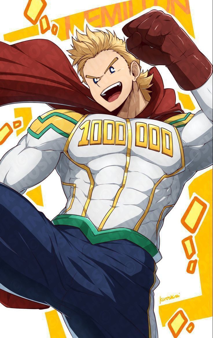 the image features a muscular male anime character with blond hair in a hero costume, smiling and looking excited. he's wearing a white suit with gold accents, a green belt, and a red cape. his costume has the number "1000000" on the chest. the character has a powerful looking build and a confident expression. the background is yellow with geometric shapes. he appears to be in a heroic pose and ready for action.