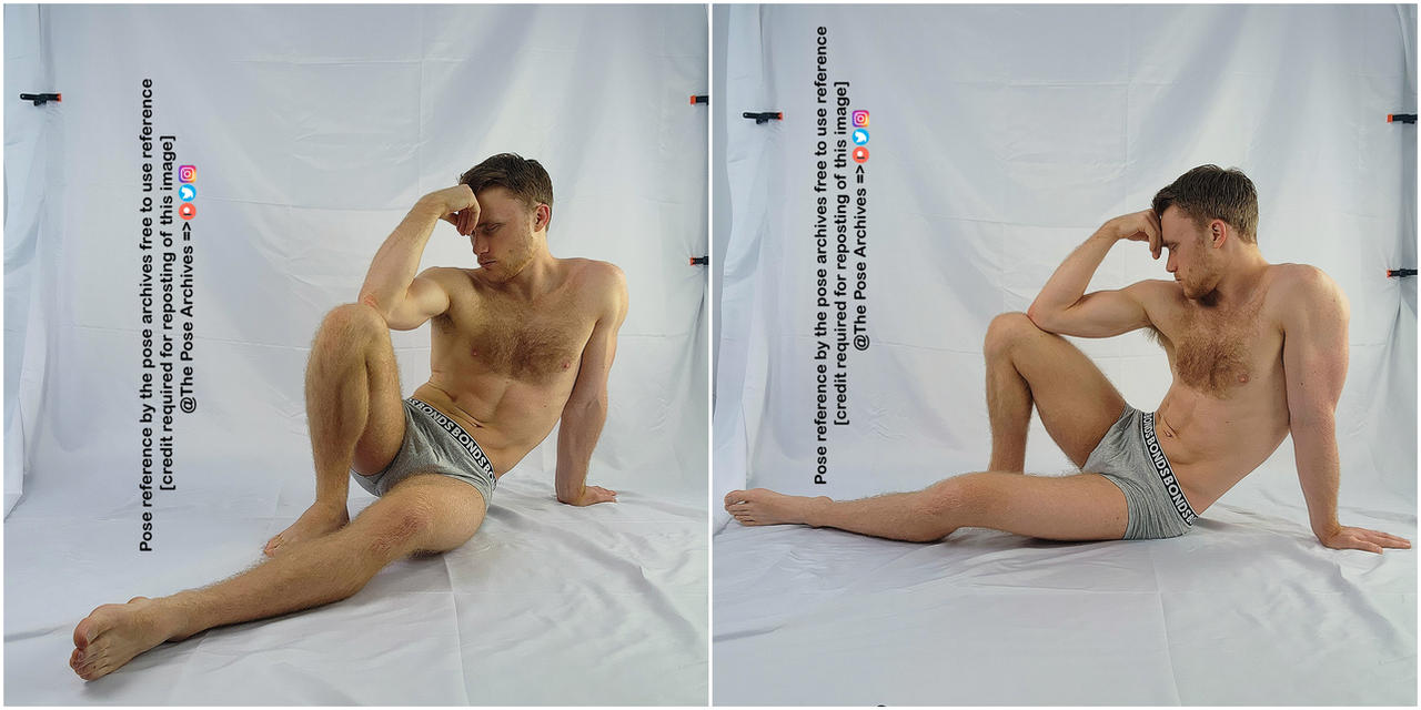 : this collage features two reference images of the same man in different sitting poses. he is shirtless and wearing gray underwear. he is in a photography studio with a white backdrop and soft lighting.