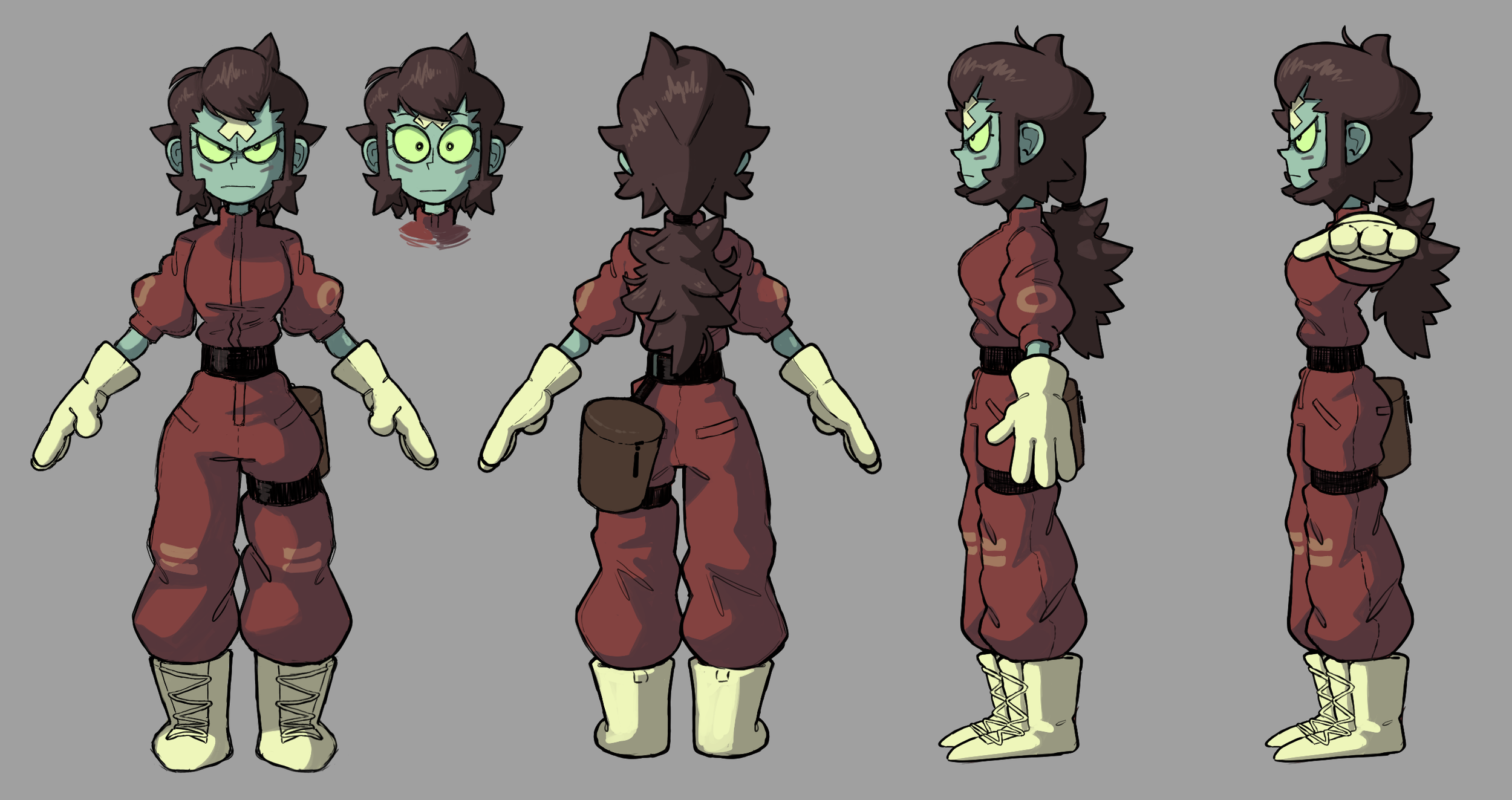 this is a digital illustration of a female character design. this appears to be a character design sheet which includes turnarounds from the front, side, ¾, and back. the character has pale green skin, brown hair, and is wearing a red jumpsuit and offwhite boots. she has a brown pouch on her right hip. the illustration style is cartoon and uses flat colors.