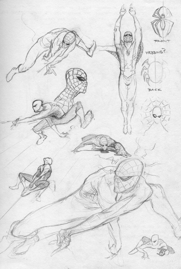 a sketch of multiple spiderman designs and poses on a page.