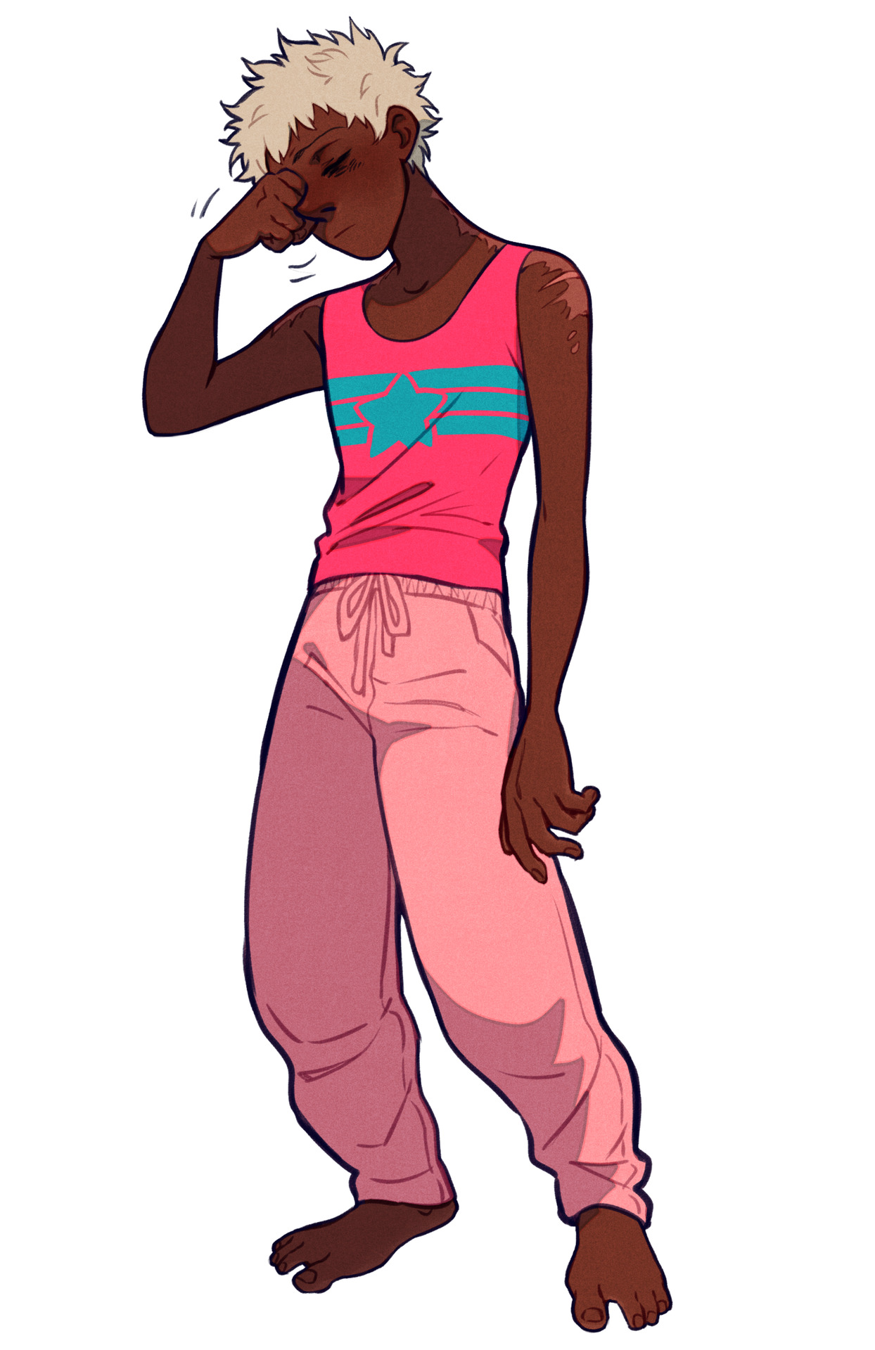 a young, darkskinned man with short, bleached blonde hair stands with his eyes closed, rubbing his face with a tired expression. he's dressed in a pink and blue tank top and loosefitting pink pajama pants. the style is cartoonlike with visible linework and flat coloring.  the background is plain white.