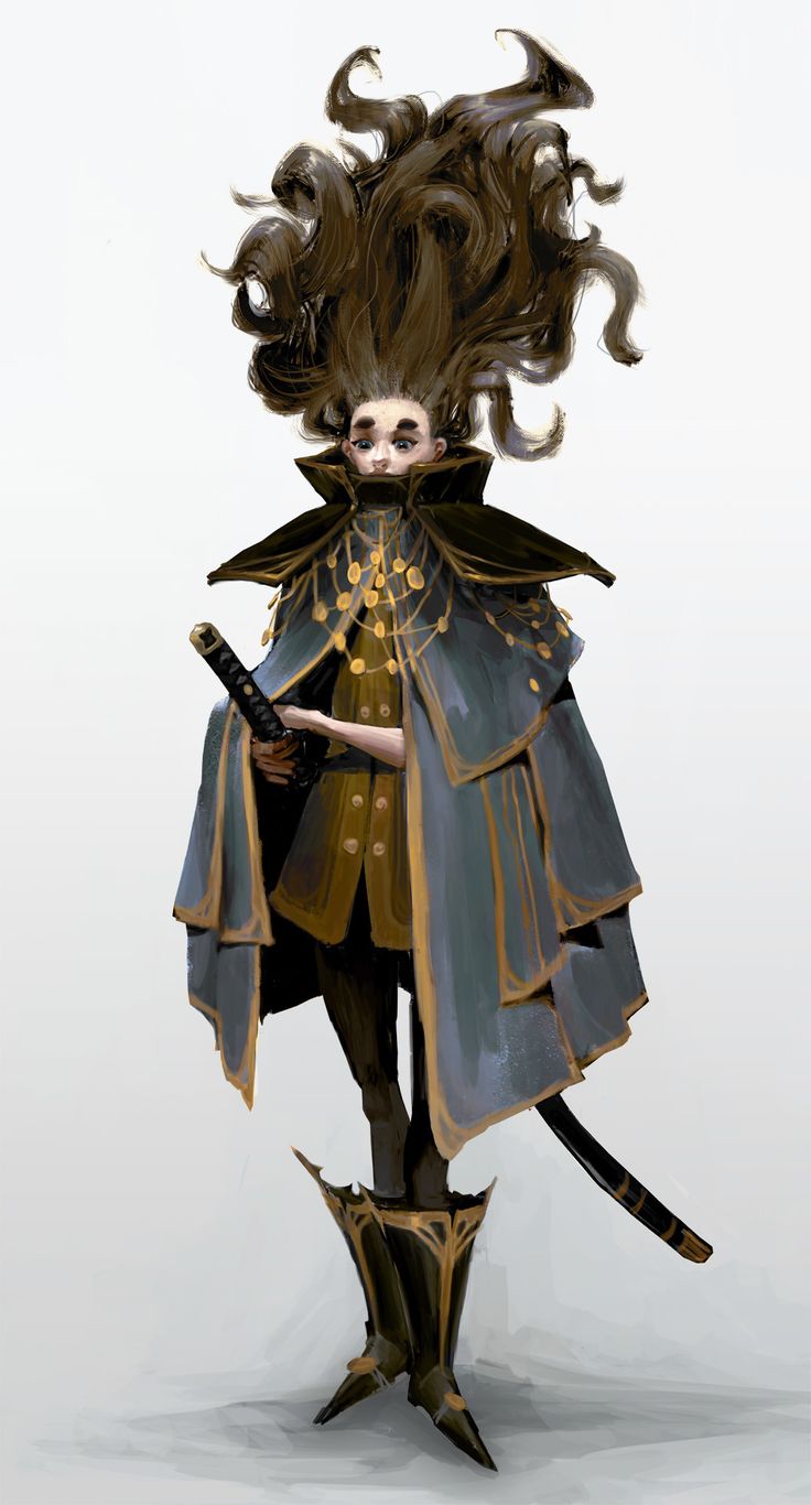 a digital illustration of a fantasy character, a young woman with long, flowing hair wearing a long, blue and green cape with gold accents and holding a sword. she is wearing tall, black boots with gold trim and has a worried expression on her face.