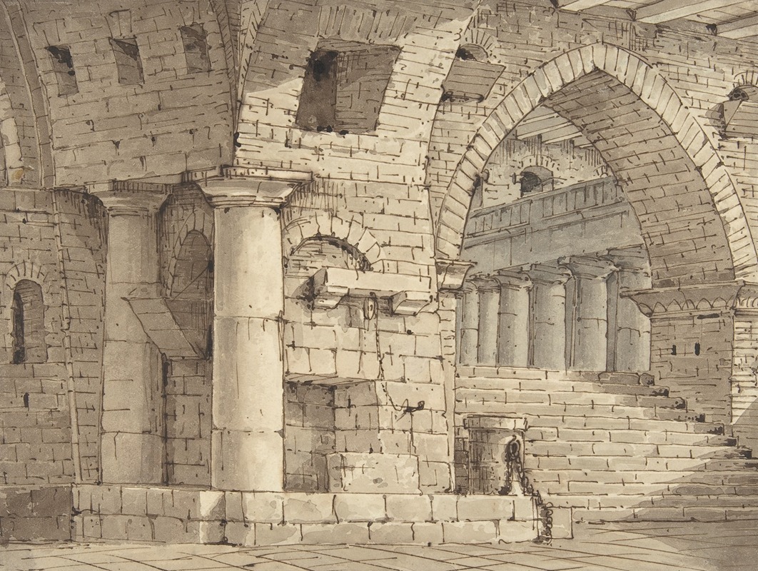 a detailed architectural sketch of an interior space constructed from stone, featuring columns, arches, and a vaulted ceiling. the drawing utilizes light and shadow to create depth and texture. there are steps leading to a higher level, and a chain is visible attached to a stone structure.