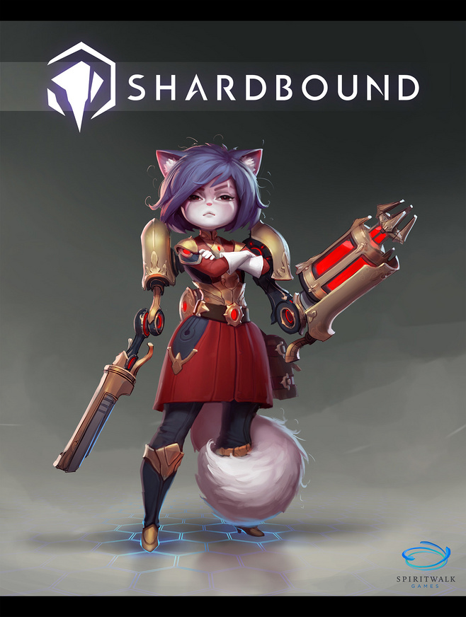 a digital illustration of a catlike humanoid female warrior standing with arms crossed. she is dressed in red and gold armor. she has a large gun strapped to her back and a sword at her side. the background is a dark gray. the image is from the game shardbound.