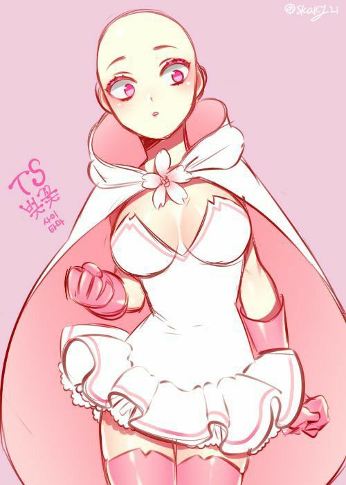a drawing of a cute anime girl in a pink dress with a white skirt and a bow. she is holding a flower and has pink hair. the background is pink.