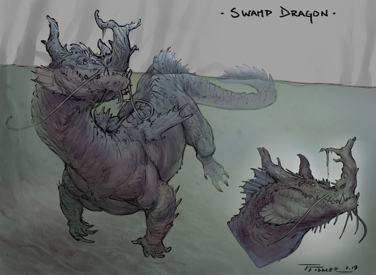 this is a sketch of a swamp dragon. it is a darkcolored dragon with sharp teeth and claws. it is emerging from the water, with its head and neck above the surface. the dragon has a long tail and wings. the sketch is done in a dark and whimsical style.