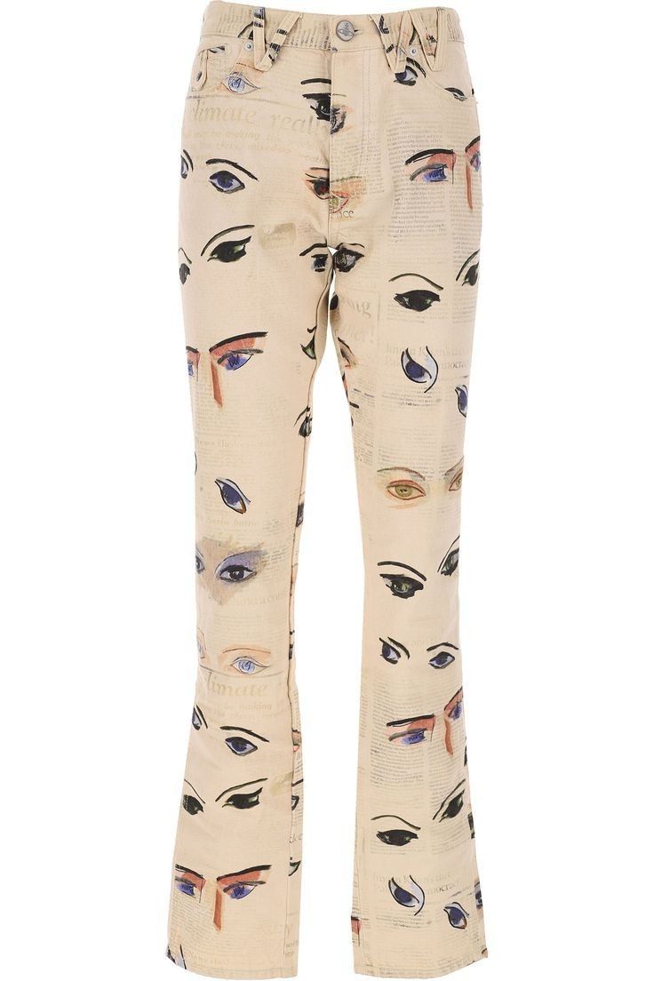 a pair of offwhite jeans are covered in various illustrations of eyes.