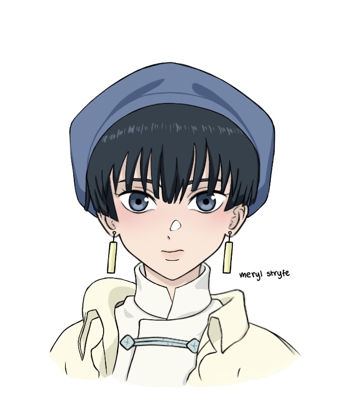 the image is a digital fan art drawing of a young animestyle boy.  he has short, dark hair styled with bangs under a blue beret. he's depicted with soft features, pale skin, and light blush on his cheeks. he wears a light beige, collared coat over a lightercolored shirt.  he also has small, rectangular yellow earrings. the style is reminiscent of manga and anime, with clean lines and a gentle, almost peaceful expression on the boy's face. the artist's signature, "meryl stryfe," is subtly included in the lower right corner. the background is plain white, focusing attention entirely on the character.
