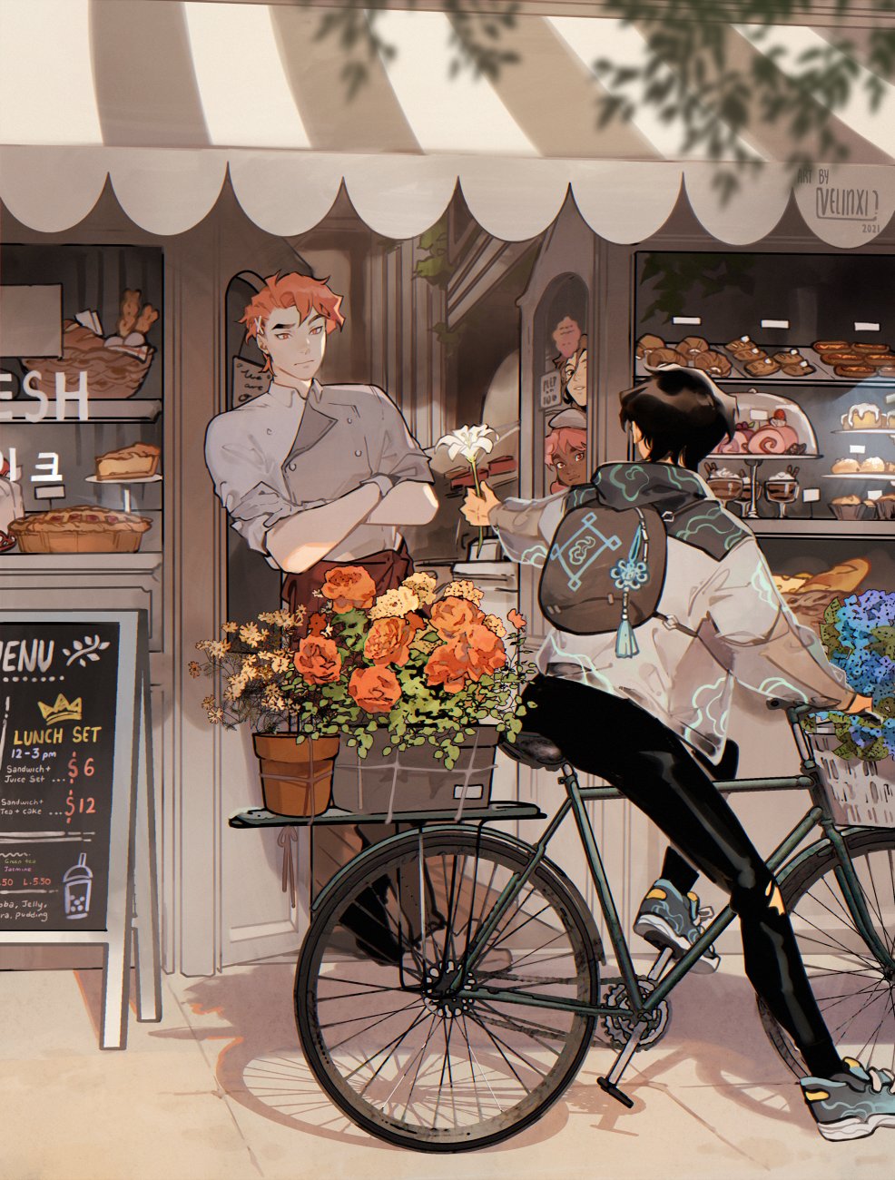 illustration of a scene outside a bakery. a man with red hair, dressed in a baker's outfit, stands in the doorway of the bakery. he is being offered a flower by a person with black hair who is sitting on a bicycle. the bicycle has baskets filled with flowers. a menu board is visible on the left, displaying a lunch set and other items with prices. the bakery's storefront is filled with various baked goods on display. an awning covers the entrance of the shop.