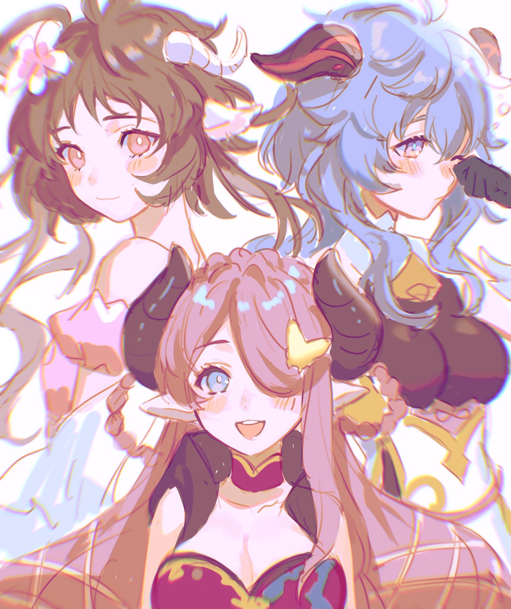 the image features three anime girls with bright colors and magical girl aesthetic. one has brown hair with pink and white accents and horns, another has blue hair and horns with yellow and white accents, and the last has pink hair with horns and red and white accents. they are all smiling and looking cute and happy. they are all wearing different outfits, all of them are beautiful and colorful. it looks like they are all friends and they are happy to be together.