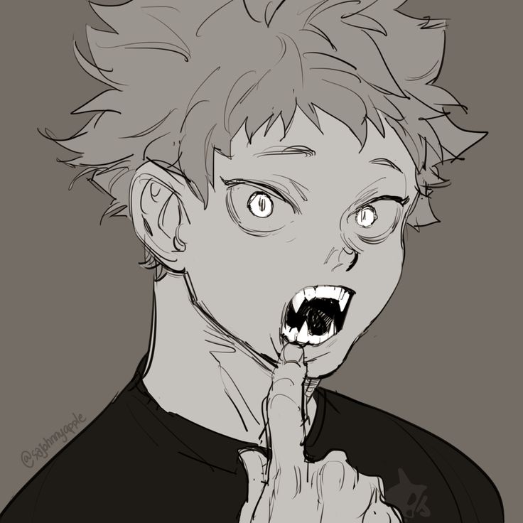 a black and white animestyle drawing of a young man with a fierce expression,  showing his fangs and pointing his finger towards the viewer. he has spiky hair, and his eyes are wide and filled with intensity. his mouth is open in a snarl, revealing sharp teeth.  the background is a simple grey color.