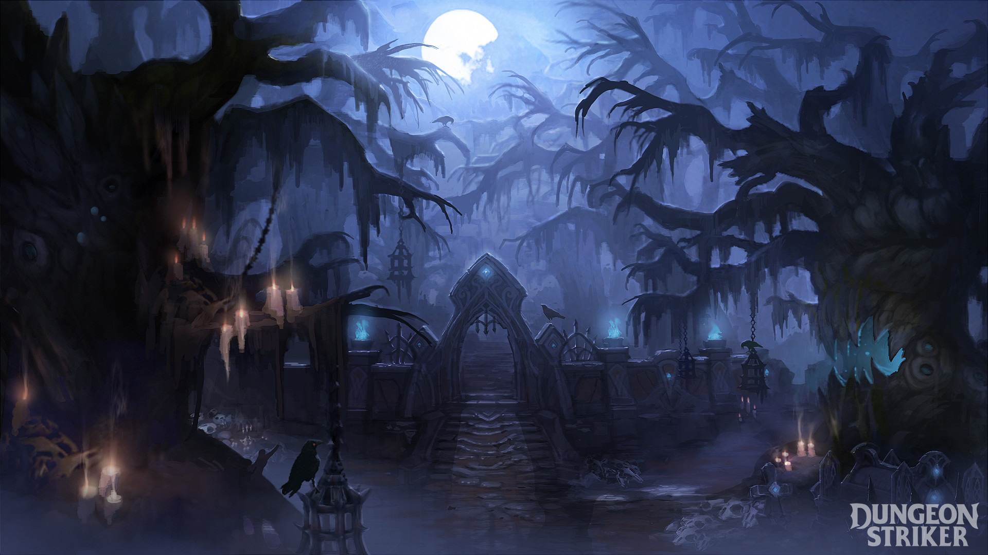 a sinister archway, crafted from dark stone and adorned with gothic flourishes, dominates the center of the image. it acts as a gateway to a shadowy realm beyond, hinting at an overgrown path leading deeper into the unknown. flanking the path, gnarled trees with mossdraped branches create an oppressive canopy overhead, their silhouettes twisting ominously against the pale glow of the moon. lanterns, casting an ethereal blue light, hang from the archway and illuminate the weathered tombstones scattered throughout the swampy terrain. the overall atmosphere is one of eerie stillness and foreboding, punctuated by the subtle glow of spectral blue emanating from the lanterns.