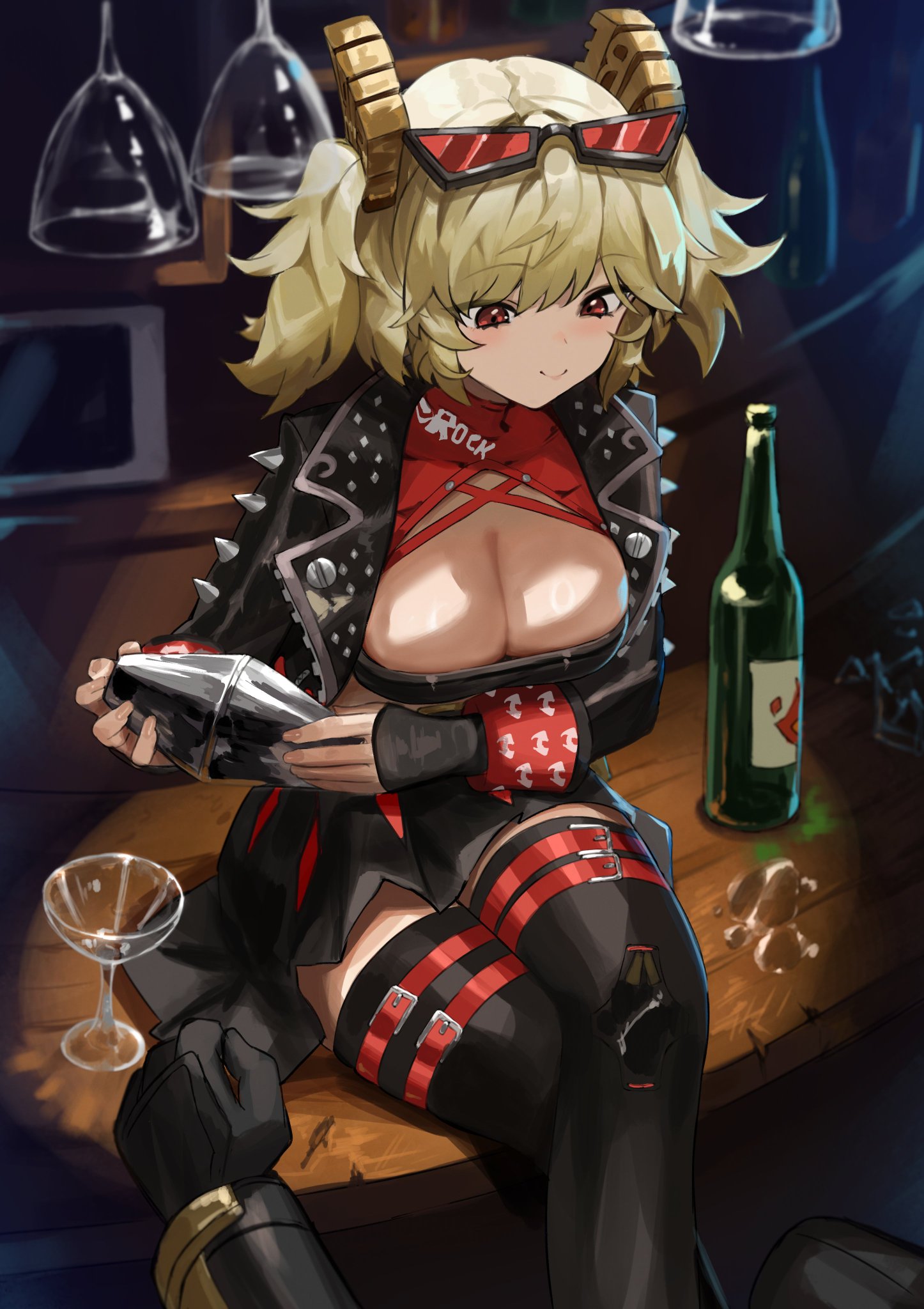 he image is a digital illustration of an animestyle girl with blonde hair and horns, wearing a leather jacket and stockings. she is sitting at a bar counter, holding a cocktail shaker, with a wine bottle and glasses nearby. the overall style is suggestive and stylized.  the scene is set in a dimly lit bar. the character's expression is pleasant.  the art style leans towards a fantasy setting, with a rock and roll aesthetic reflected in the character's clothing.