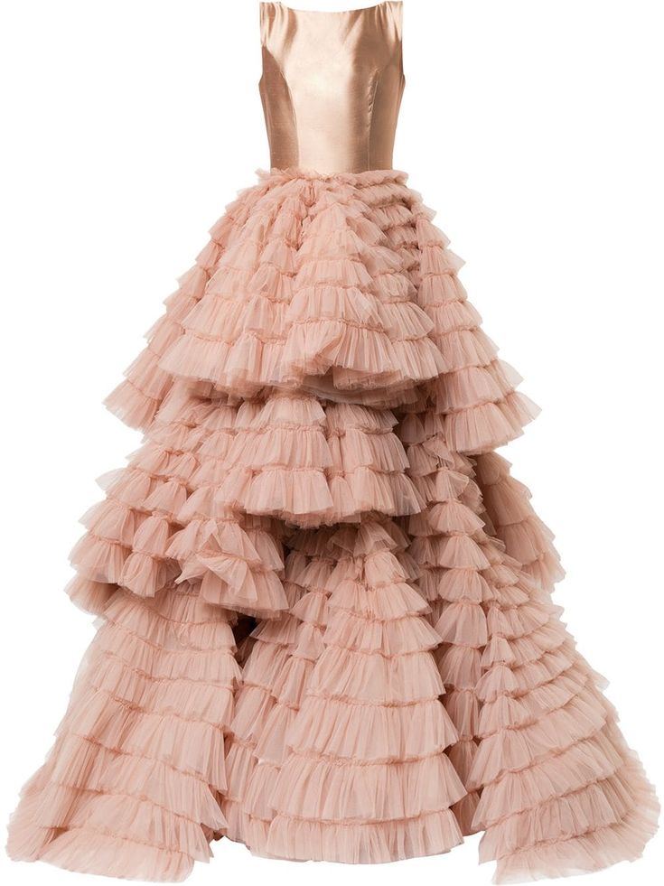 a floorlength, sleeveless gown made of layers of pink tulle ruffles with a satin bodice. the dress is designed for formal events.