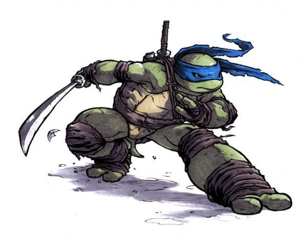 a drawing of a ninja turtle in action, holding a katana, in a fighting pose, with his mask on, and the other ninja turtle in the background.