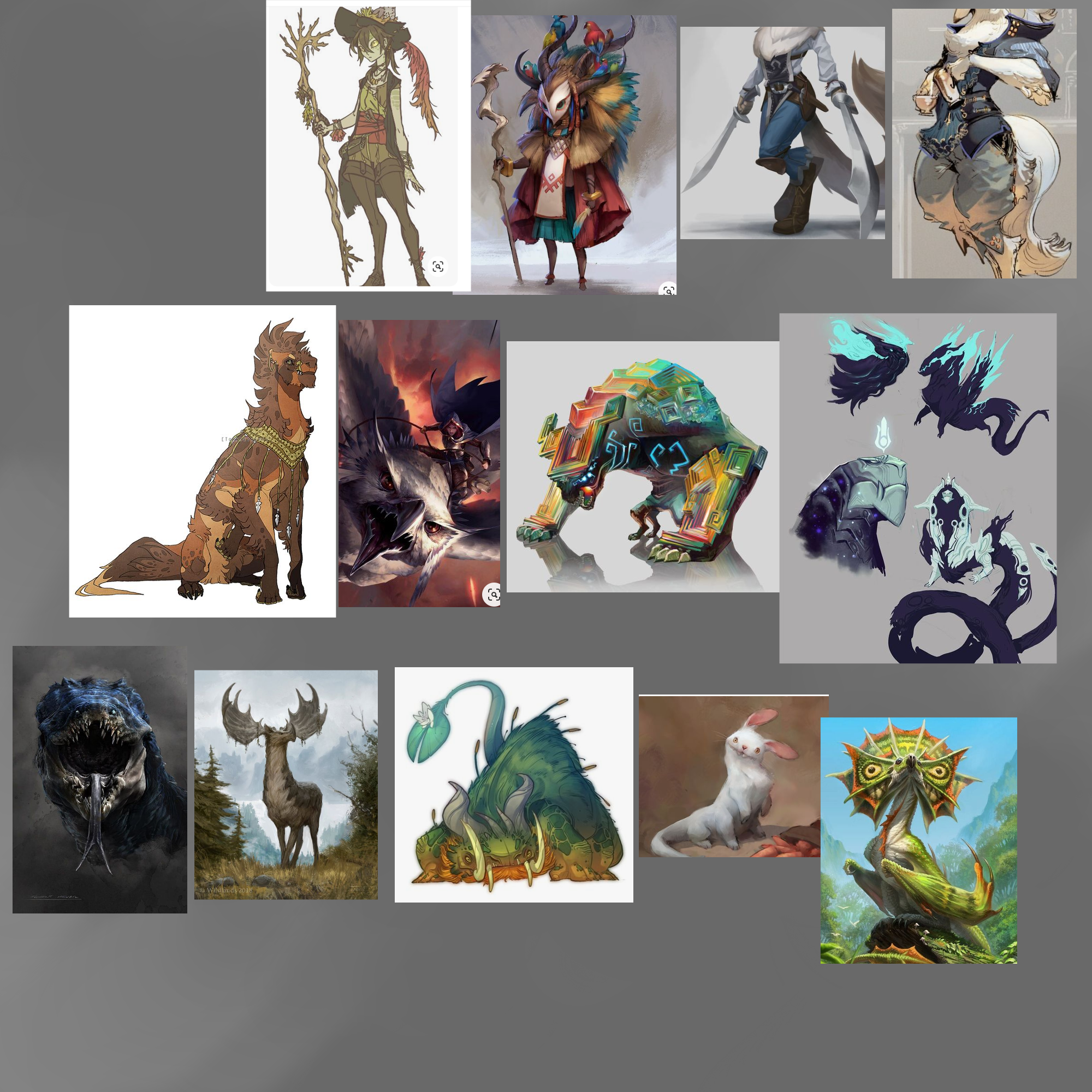 the image is a compilation of various fantasy character and creature design illustrations. it includes images of witches, shamans, warriors riding fantastical beasts, and various unique creature designs. the art style is colorful and detailed, suggesting a digital art or concept art approach.