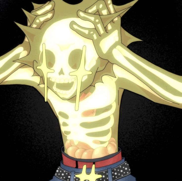 a cartoon skeleton is shown glowing in the dark. the skeleton's face is contorted in a grimace, screaming in distress and pain, as if it's going through a difficult or painful experience. its ribs and organs are visible due to its glowing form. its hands cover its head, as if trying to protect itself from something unseen.