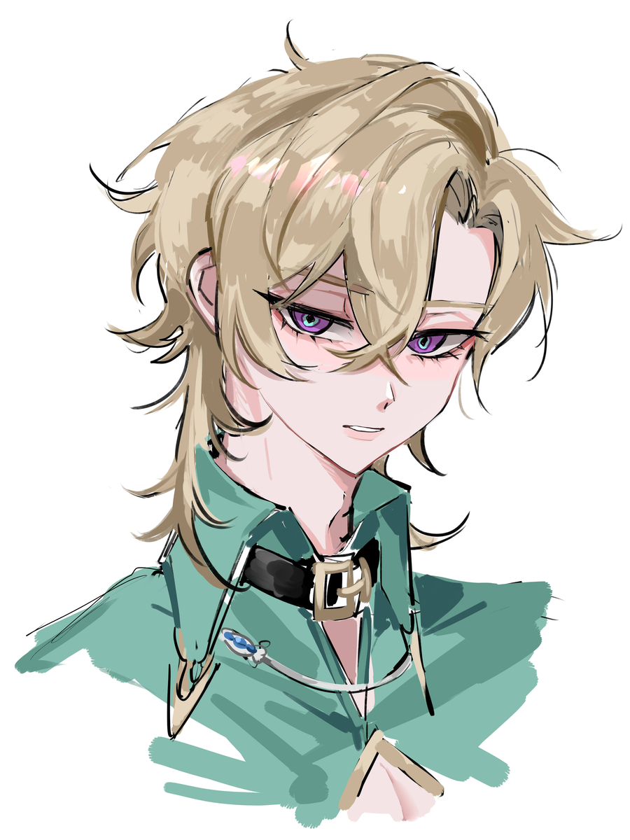 this is a digital illustration of an anime character. he has blonde hair, purple eyes, and is wearing a green shirt with a collar and a chain. he looks to be in his late teens or early twenties. the drawing is done in a loose, sketchy style, with soft shading and highlights. the character's expression is a bit serious, but his eyes are still bright and alive.